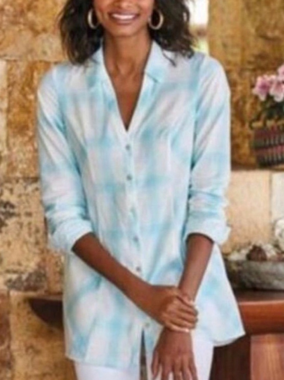 SOFT SURROUNDINGS Cosette Plaid Light Blue Button Down Long Shirt Sz S
